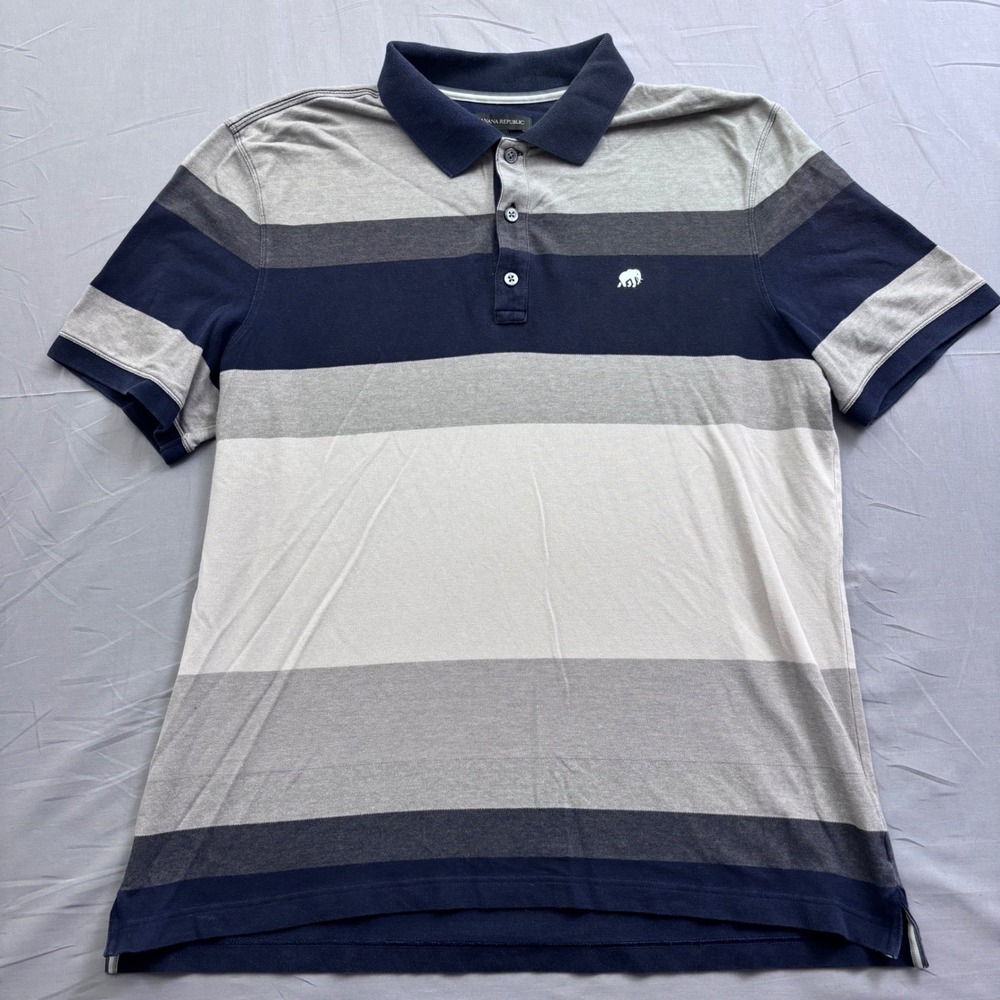 Banana Republic Men XL Polo Shirt Blue Grey Striped Elephant Logo Short Sleeve